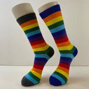 Unisex Crew Socks Set 2 Rainbow Stripes Black Yellow Blue Orange Green Red